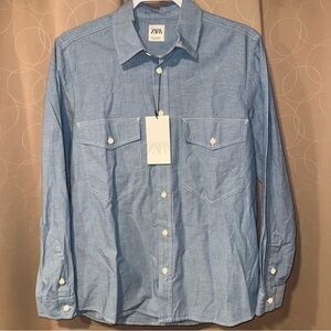 Zara Mens Blue Chambray Denim Regular Fit Button Up Long Sleeve Shirt NWT Size S